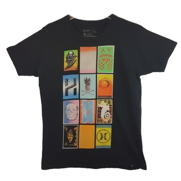 Vintage HURLEY Tee Shirt Large US L Multi Graphic Skull Surf Pineapple Seahorse - Picture 1 of 13